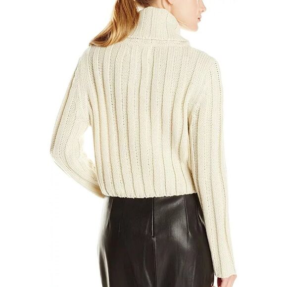 JOA Los Angeles Cream Long Sleeve Funnel Neck Ribbed Wool Crop Sweater Size M - Picture 2 of 7